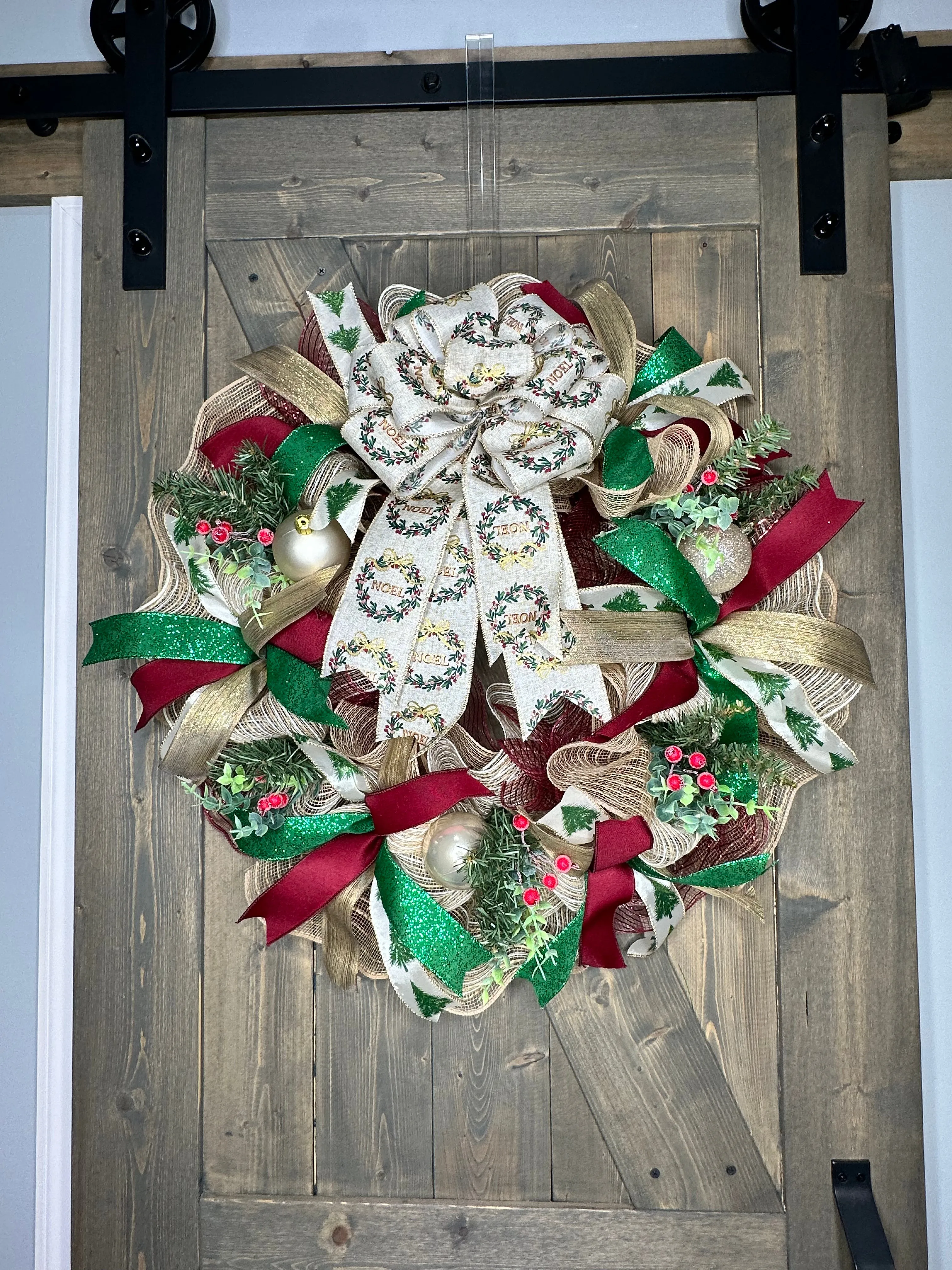 Christmas Wreath, Noel, Burgundy, Green & Gold Christmas Holiday Wreath