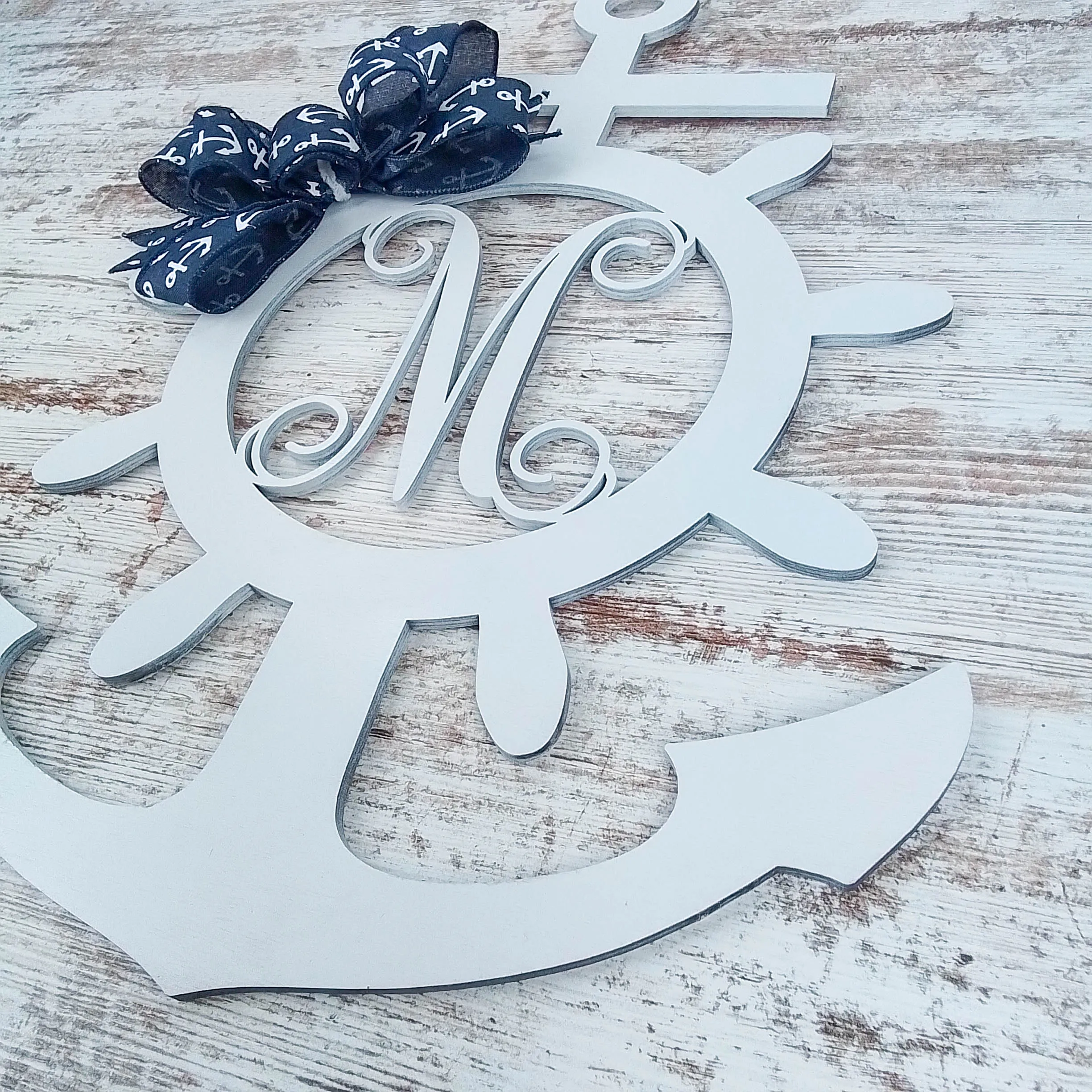 Customizable Nautical Door Hanger, Anchor Shaped White Birch Wood, Maritime Themed Decoration