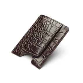 Flat Magnetic Leather Money Clip, 1 CC - Brown Croc