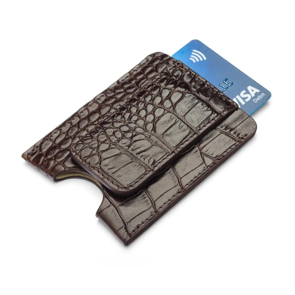 Flat Magnetic Leather Money Clip, 1 CC - Brown Croc