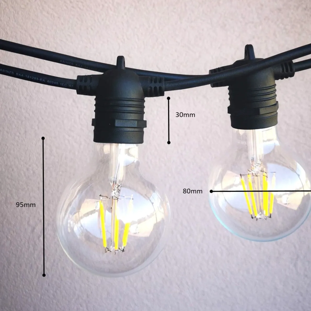 G80 Clear Bulb | 10m 20 Bulbs | Flush Mount Dimmable Festoon Lights