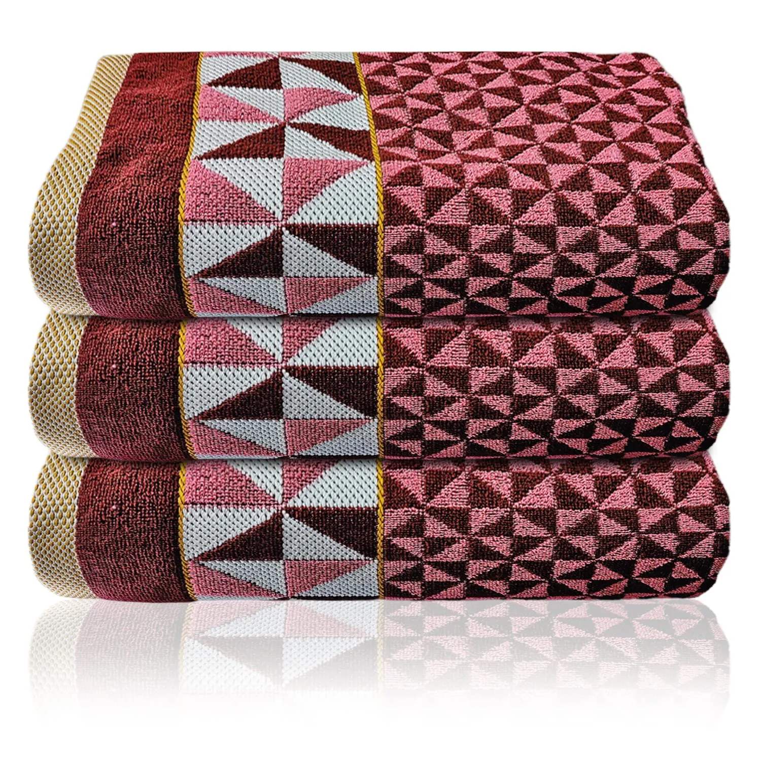 Heart Home Multiuses Tringle Printed Soft Cotton Bath Towel, 30"x60" - Pack of 3 (Maroon)