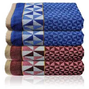 Heart Home Multiuses Tringle Printed Soft Cotton Bath Towel, 30"x60"- Pack of 4 (Maroon & Blue)