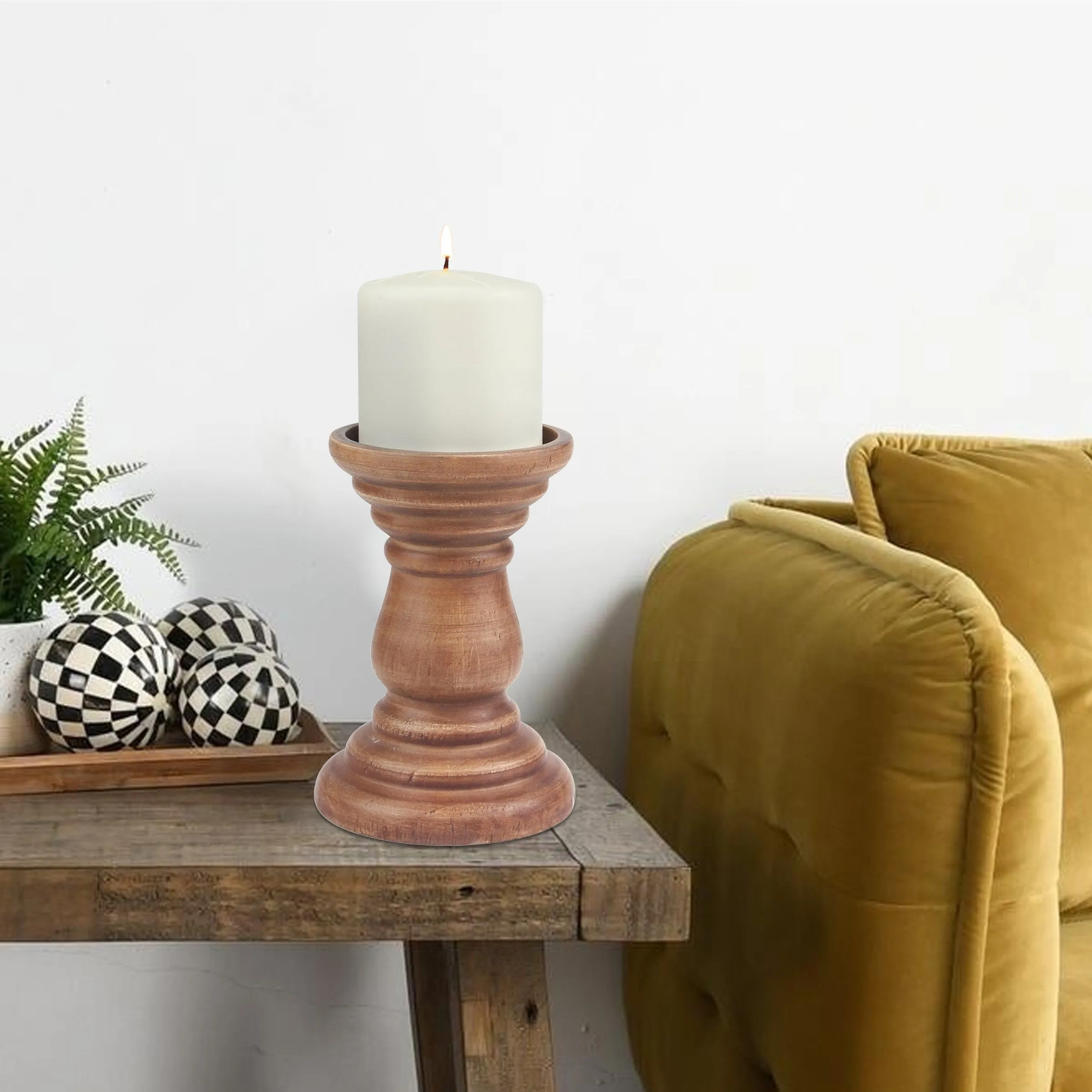 Medium Decorative Natural Wood Pillar Candle Holder (WS)