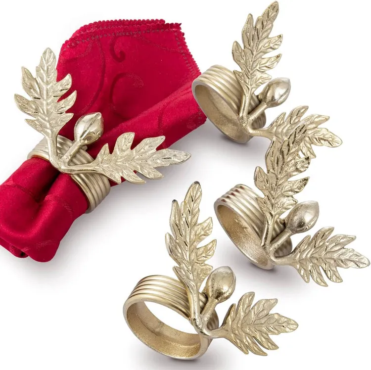 Olive Branch Napkin Rings, Brass Tone Aluminum Napkin Rings with Olive & Leaf Design, Cloth Serviette Holders, Set of 4