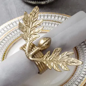 Olive Branch Napkin Rings, Brass Tone Aluminum Napkin Rings with Olive & Leaf Design, Cloth Serviette Holders, Set of 4