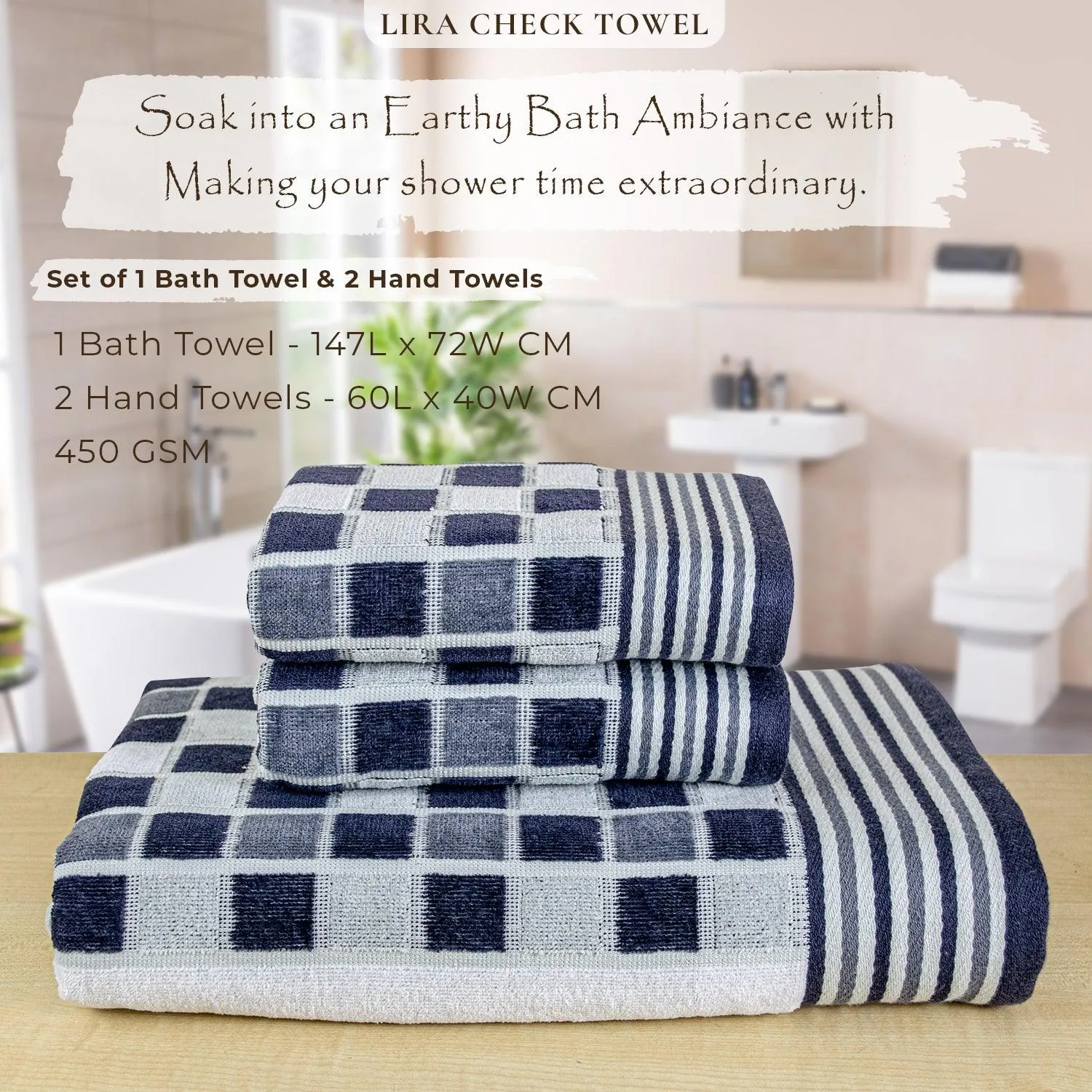 Rangoli Lira Check 100% Cotton Bath Towel & Hand Towel set of 3, 450 GSM (147L X 72W)