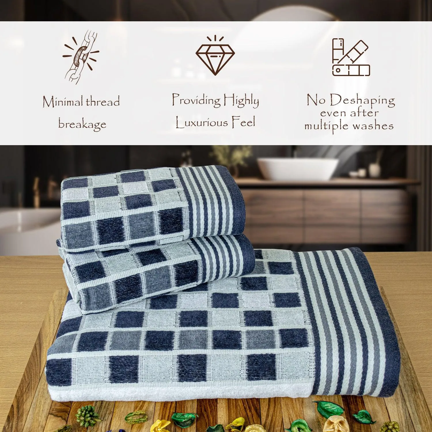 Rangoli Lira Check 100% Cotton Bath Towel & Hand Towel set of 3, 450 GSM (147L X 72W)