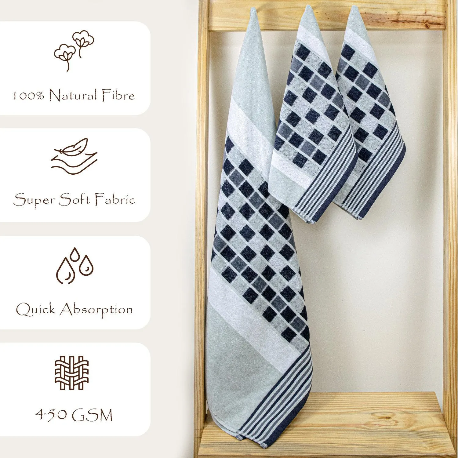 Rangoli Lira Check 100% Cotton Bath Towel & Hand Towel set of 3, 450 GSM (147L X 72W)