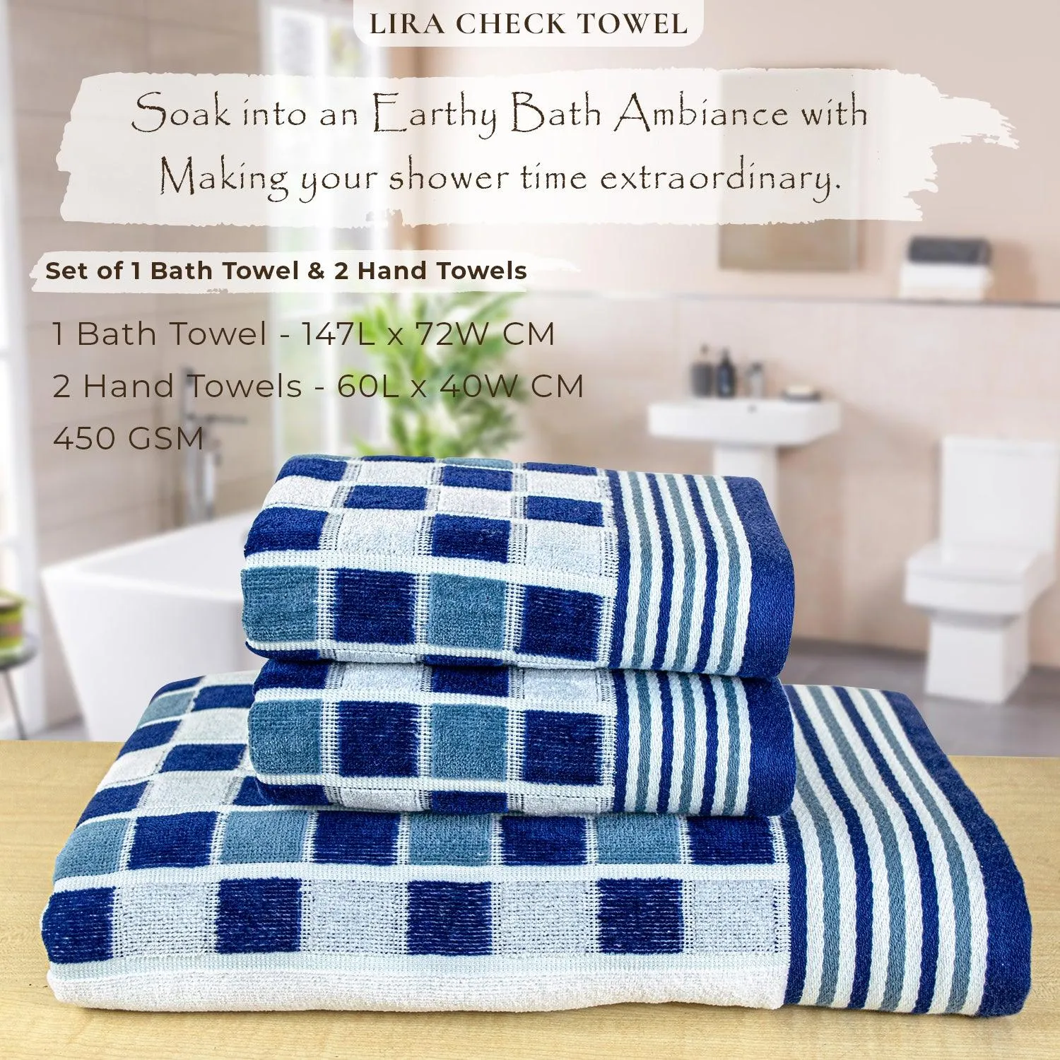 Rangoli Lira Check 100% Cotton Bath Towel & Hand Towel set of 3, 450 GSM (147L X 72W)