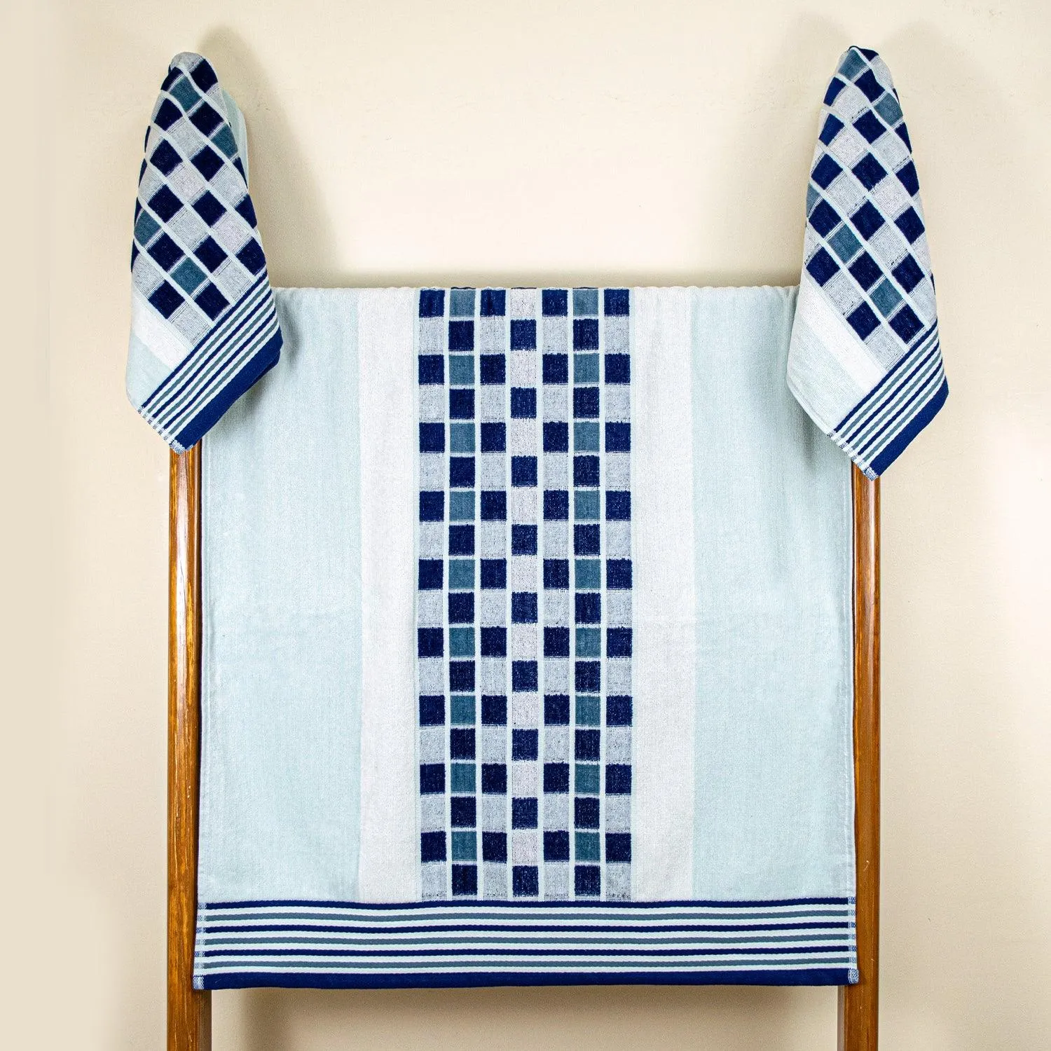 Rangoli Lira Check 100% Cotton Bath Towel & Hand Towel set of 3, 450 GSM (147L X 72W)