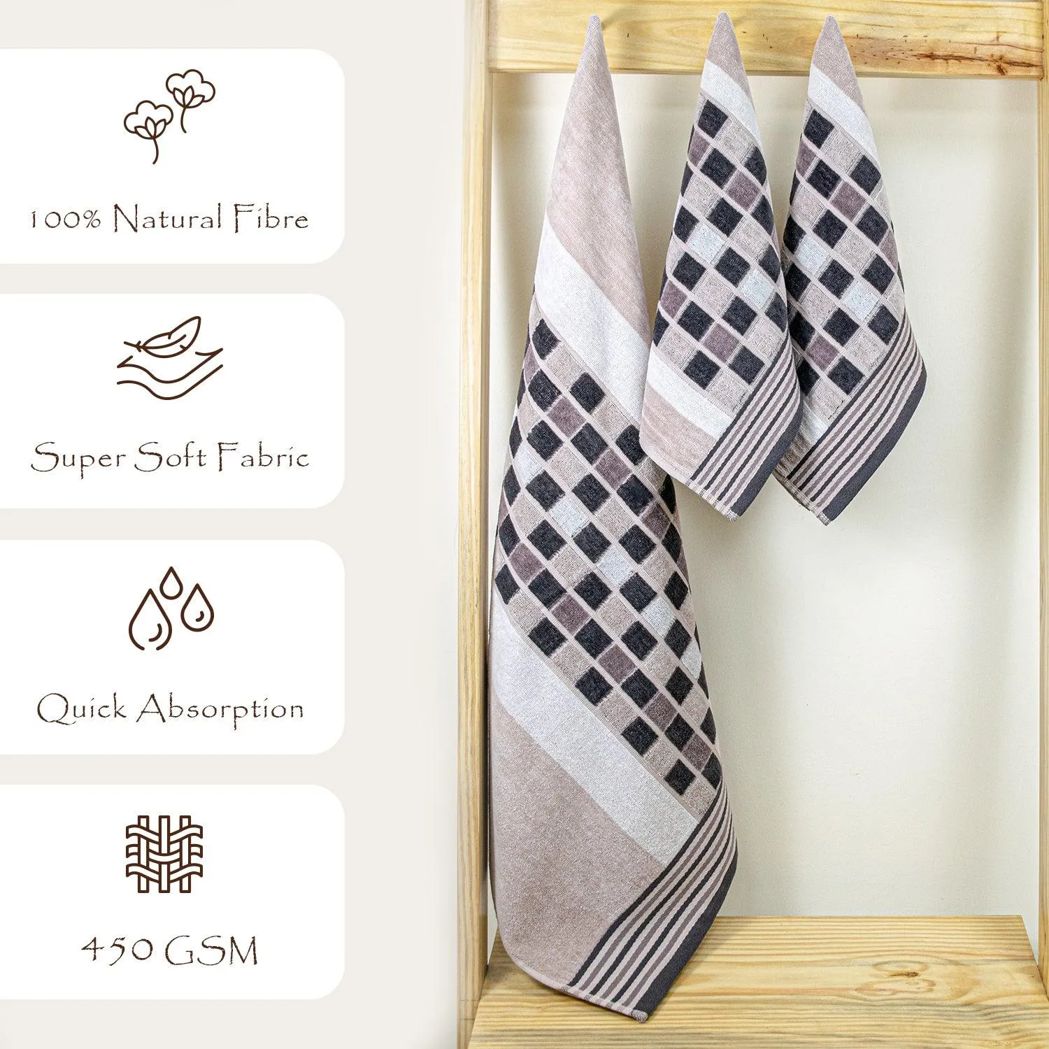 Rangoli Lira Check 100% Cotton Bath Towel & Hand Towel set of 3, 450 GSM (147L X 72W)