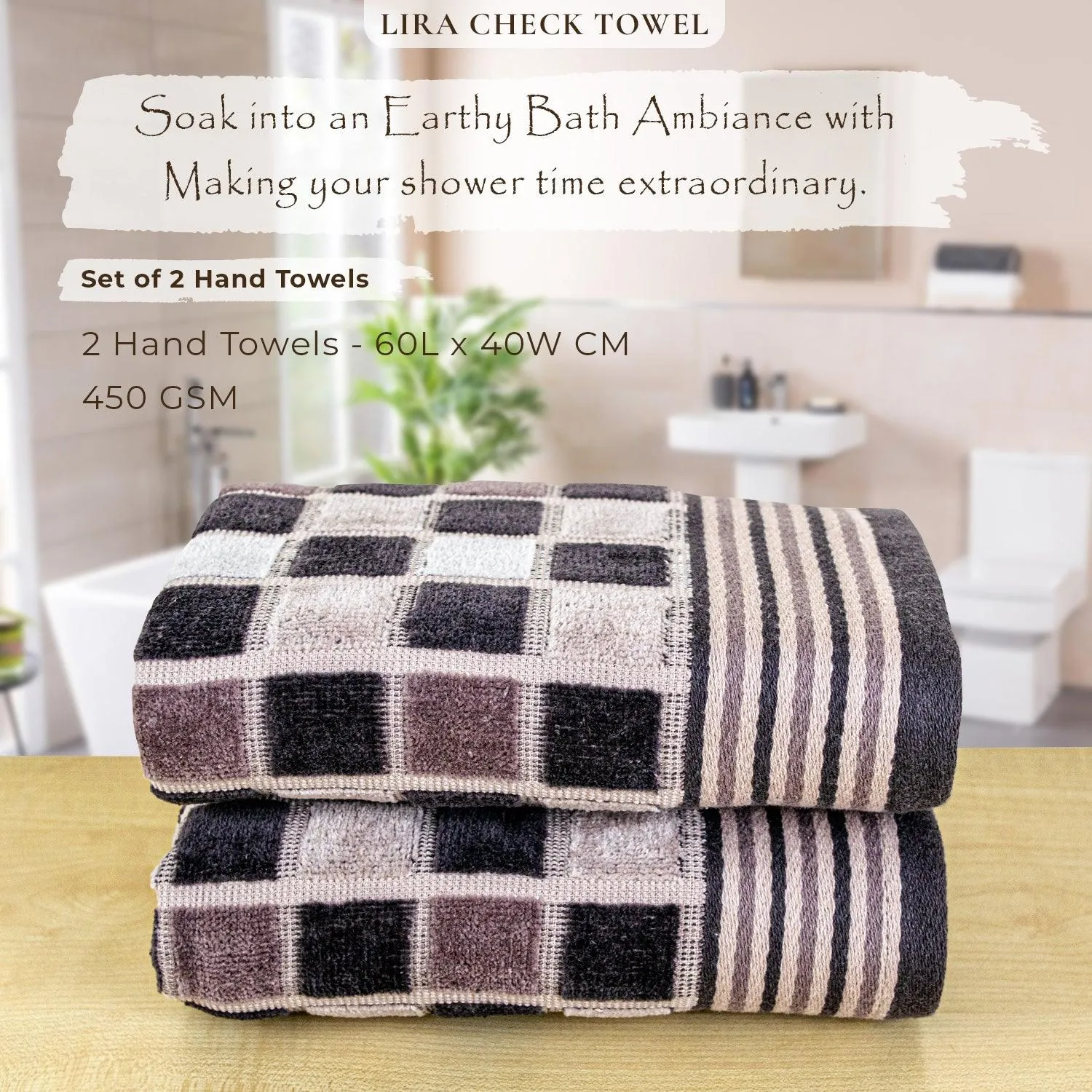 Rangoli Lira Check 100% Cotton Hand Towel Set of 2, 450 GSM