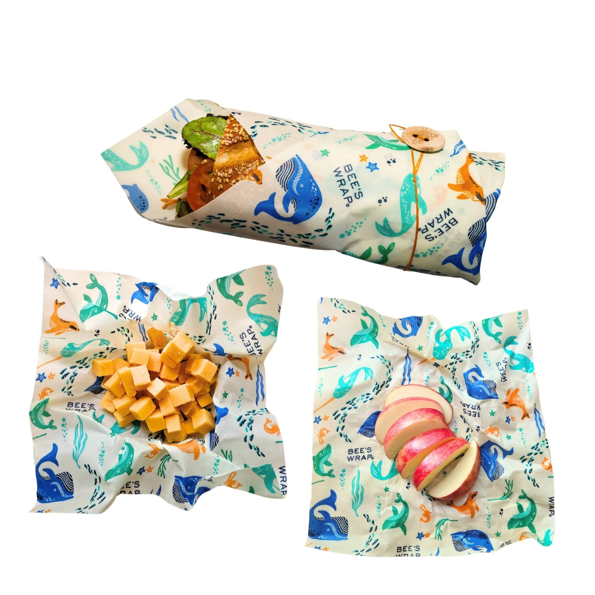 Reusable Beeswax Food Wrap Lunch Pack (1 Sandwich/2 Medium) - Under the Sea Print