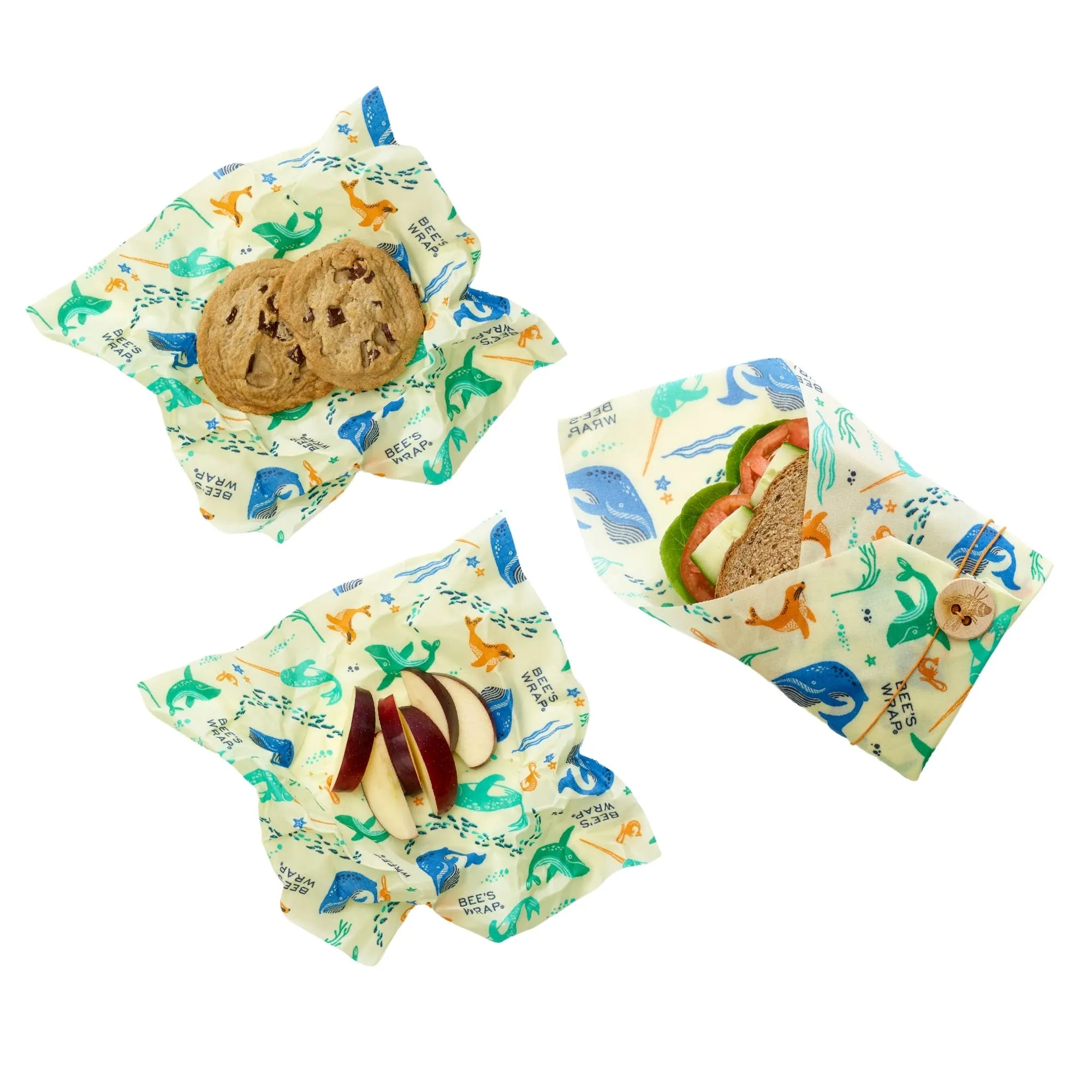 Reusable Beeswax Food Wrap Lunch Pack (1 Sandwich/2 Medium) - Under the Sea Print