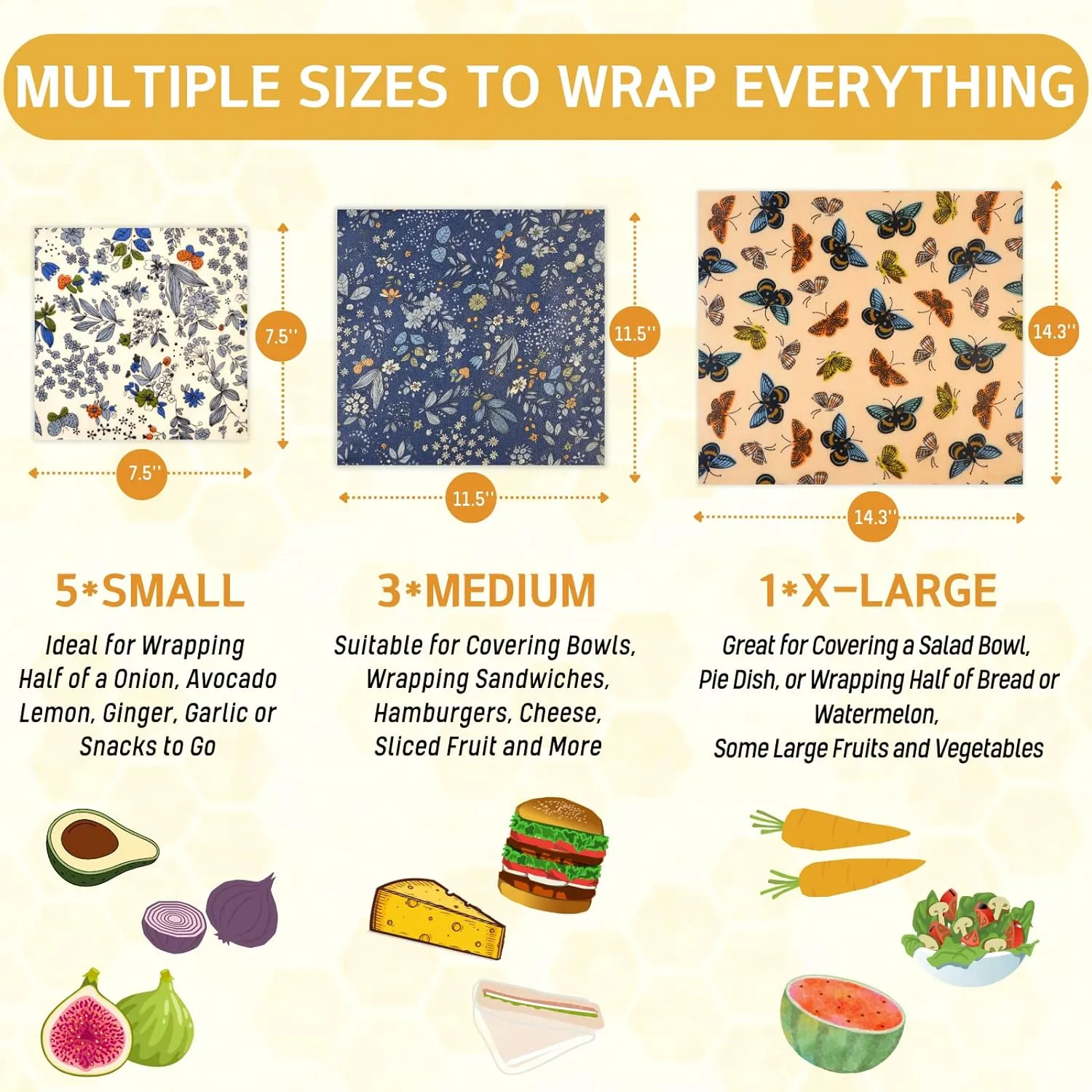 Reusable Beeswax Wrap - 9 Pack Beeswax Wraps for Food, Eco-Friendly Beeswax Food Wraps, Bread Sandwich Wrapper - Organic, Sustainable, Zero Waste, Reusable Plastic-Free Food Storage Wrap, 1XL, 3M, 5S