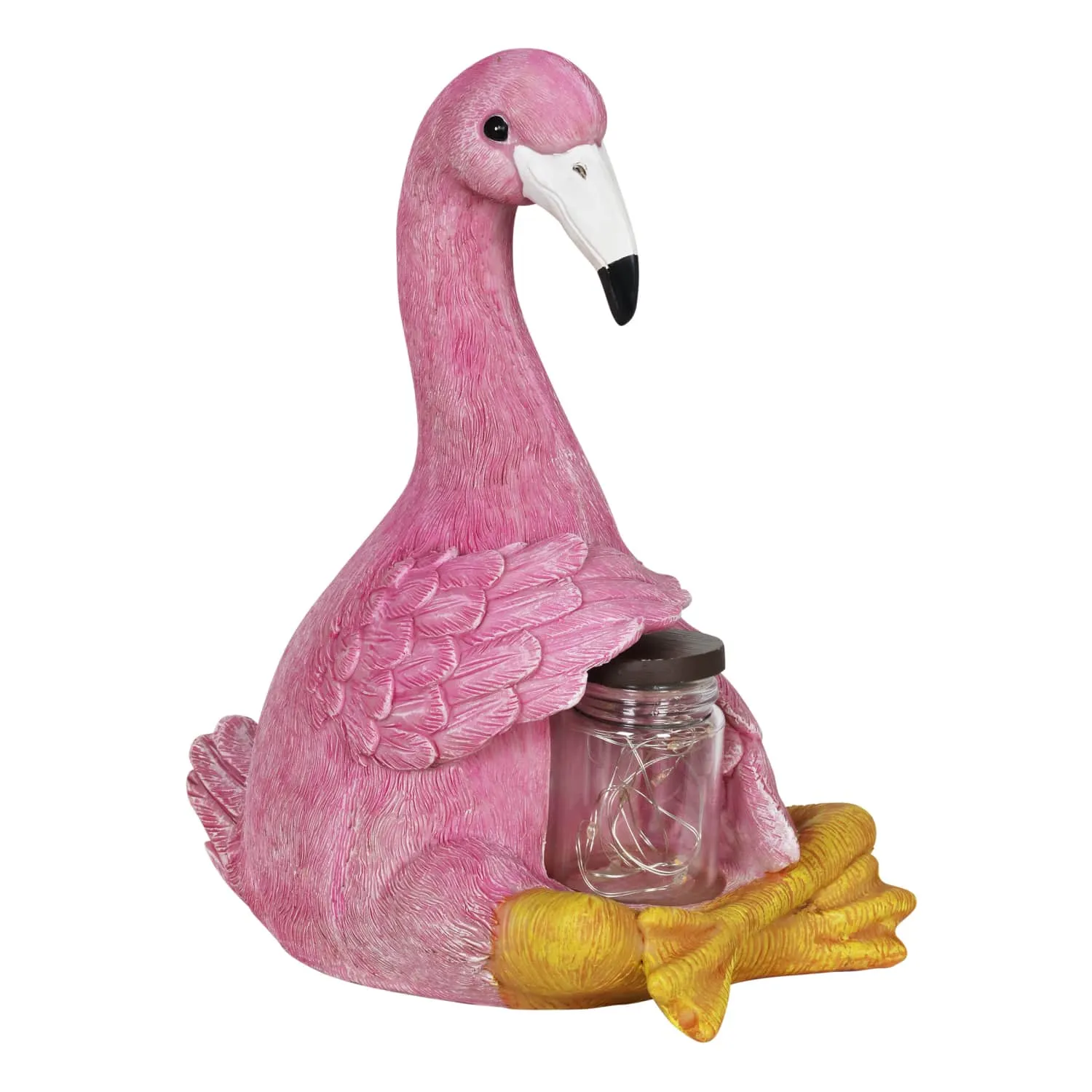 Solar Sitting Flamingo Garden Statue Holding a Glass Jar with Six LED Firefly String Lights