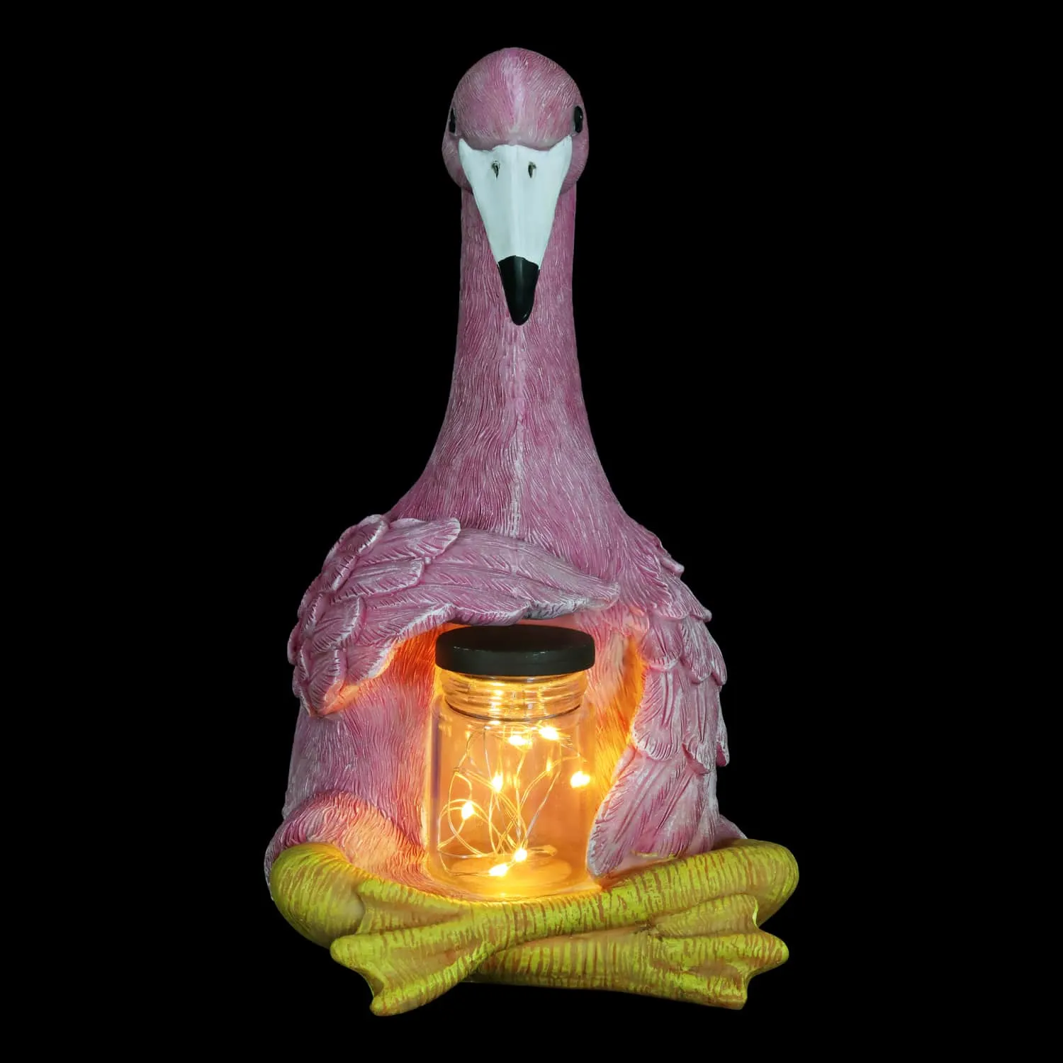 Solar Sitting Flamingo Garden Statue Holding a Glass Jar with Six LED Firefly String Lights