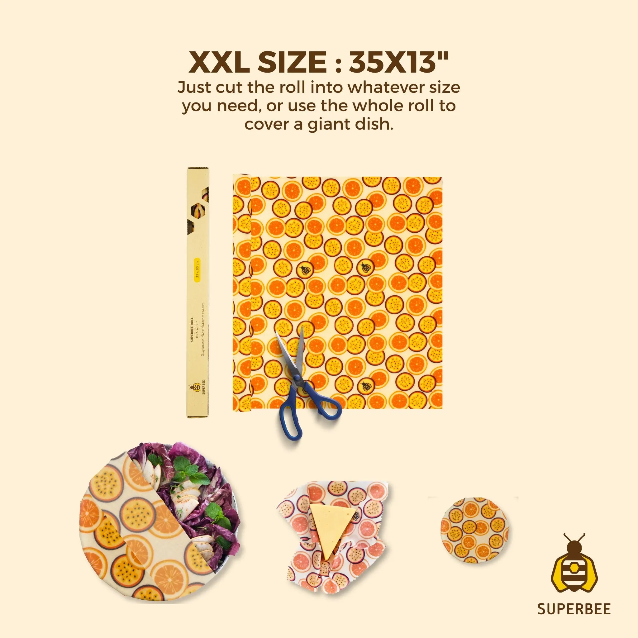 SUPERBEE Beeswax Wrap Roll XL, Reusable Beeswax Wrap for Food, Wrap Roll, Reusable Bees Wrap Paper for Wrapping Vegetables, Cheese Paper, Bowl Covers and Sandwich Wrapping Paper, Passion Som - 35x13"