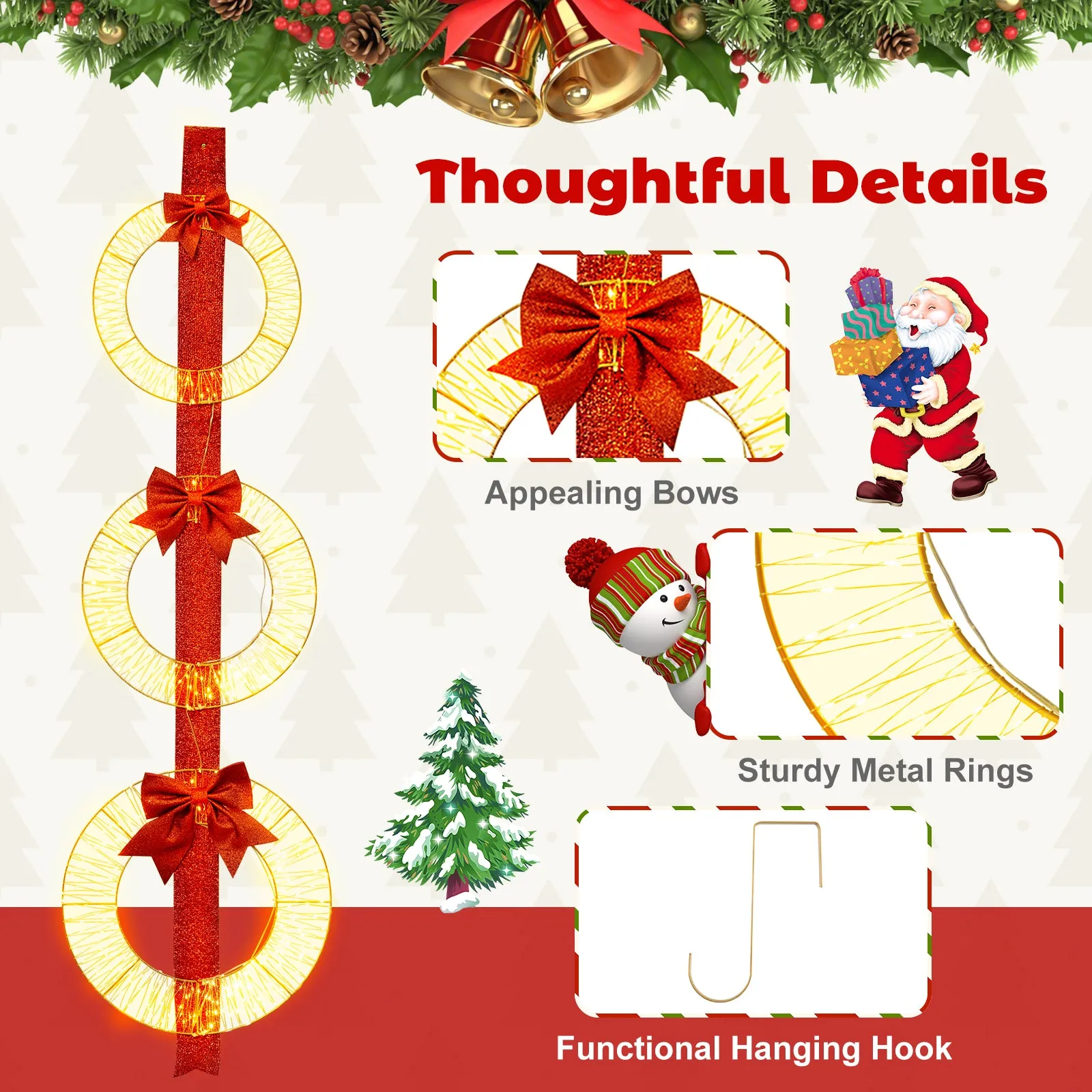 Tangkula Set of 3 Christmas Lighted Wreaths, Pre-Lit Metal Wreaths on Red Ribbon w/ 450 Warm White LED Lights & Bows