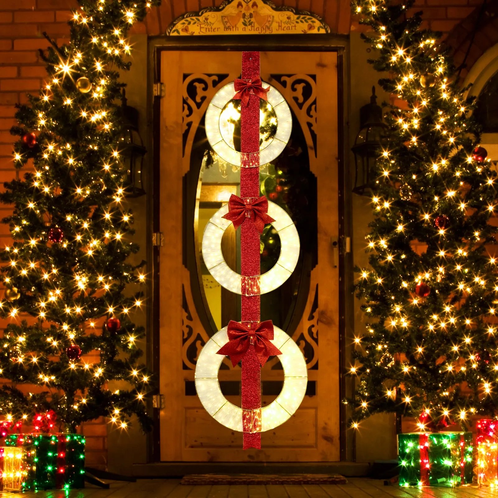 Tangkula Set of 3 Christmas Lighted Wreaths, Pre-Lit Metal Wreaths on Red Ribbon w/ 450 Warm White LED Lights & Bows