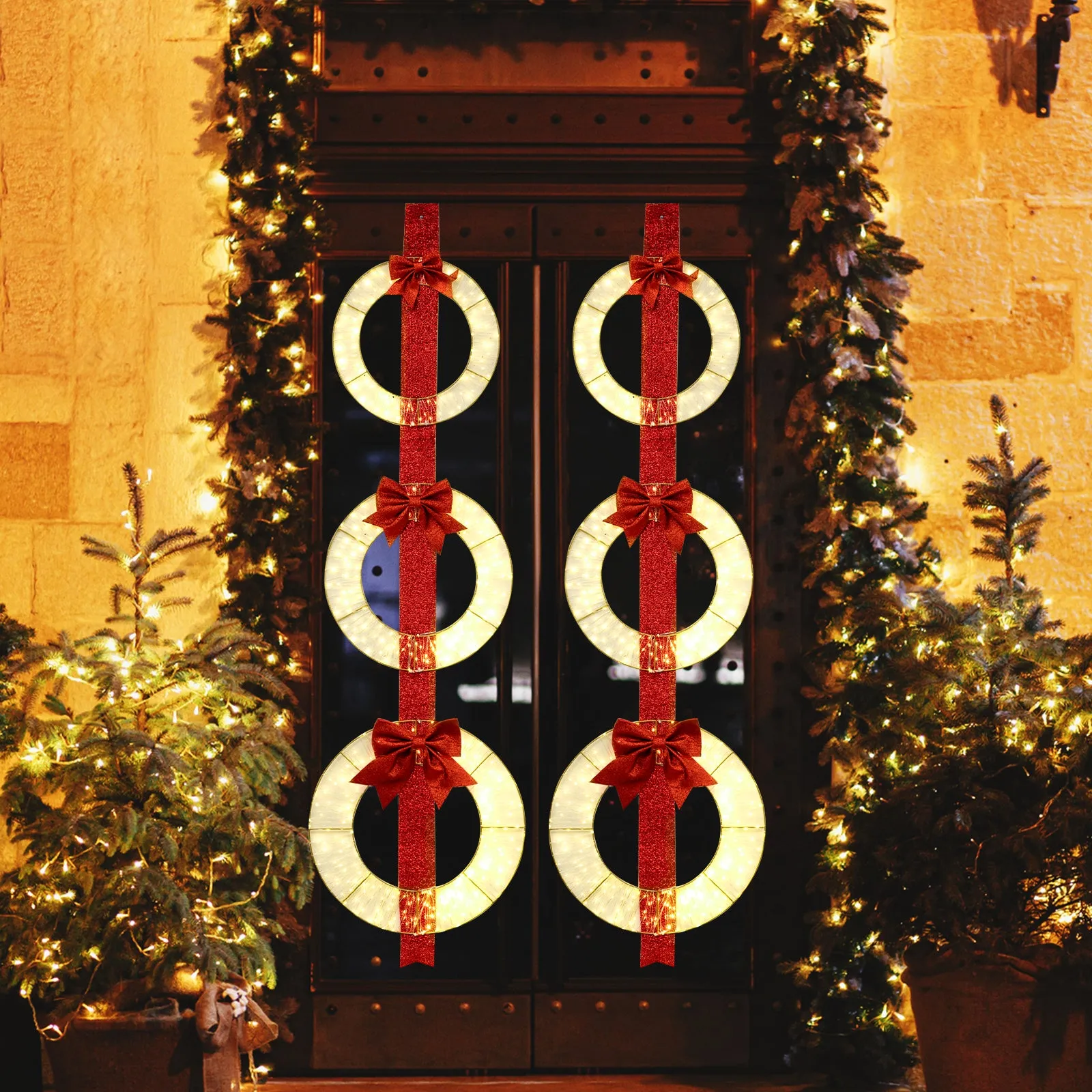 Tangkula Set of 3 Christmas Lighted Wreaths, Pre-Lit Metal Wreaths on Red Ribbon w/ 450 Warm White LED Lights & Bows