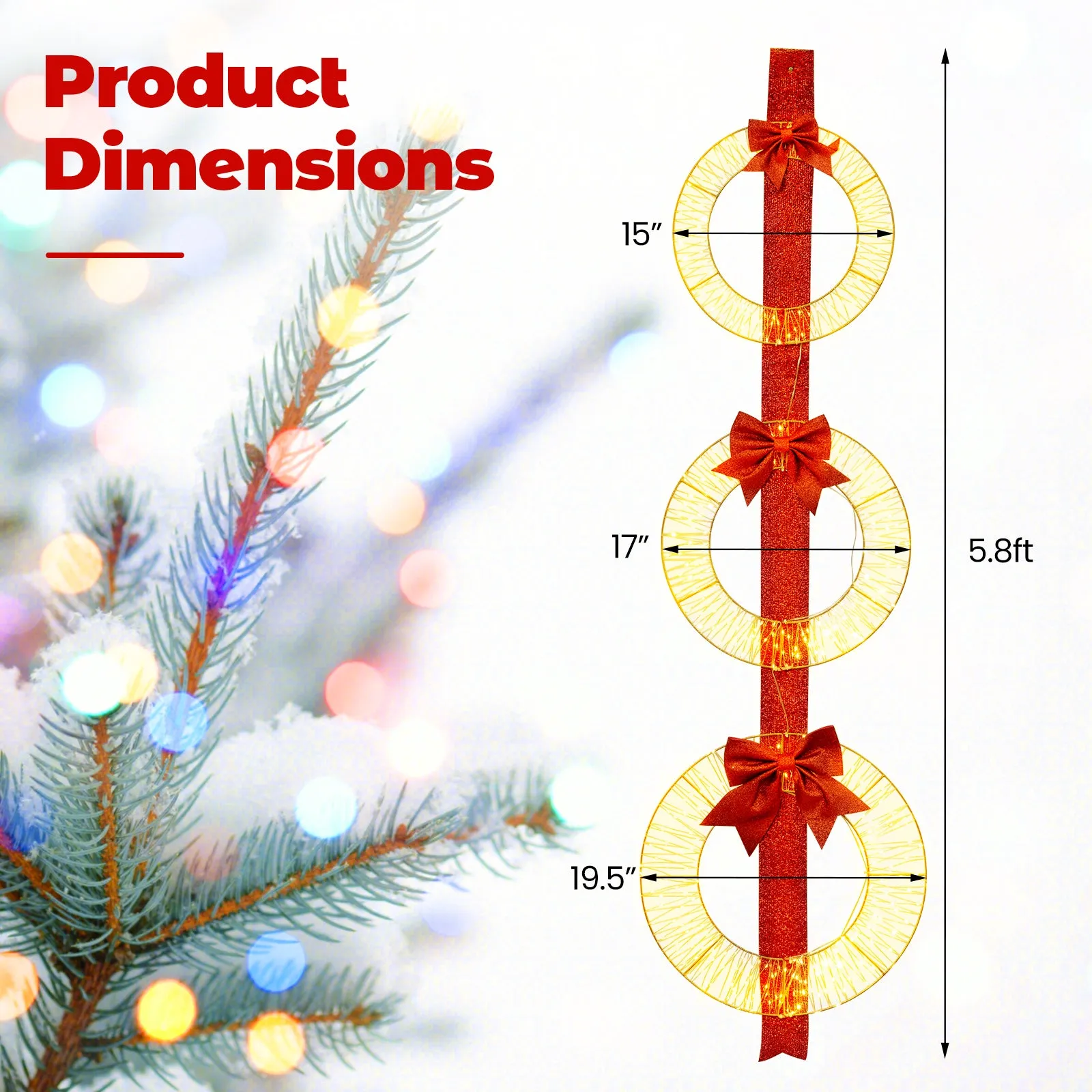 Tangkula Set of 3 Christmas Lighted Wreaths, Pre-Lit Metal Wreaths on Red Ribbon w/ 450 Warm White LED Lights & Bows