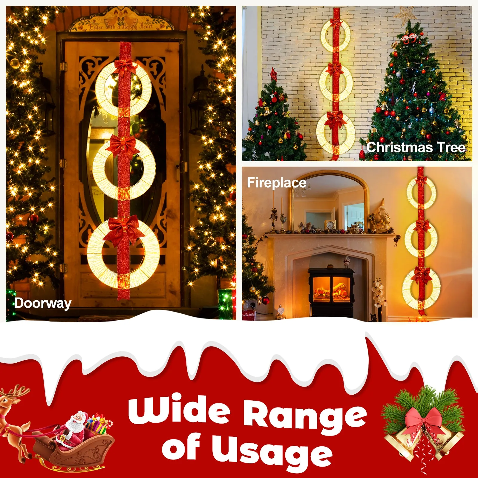 Tangkula Set of 3 Christmas Lighted Wreaths, Pre-Lit Metal Wreaths on Red Ribbon w/ 450 Warm White LED Lights & Bows