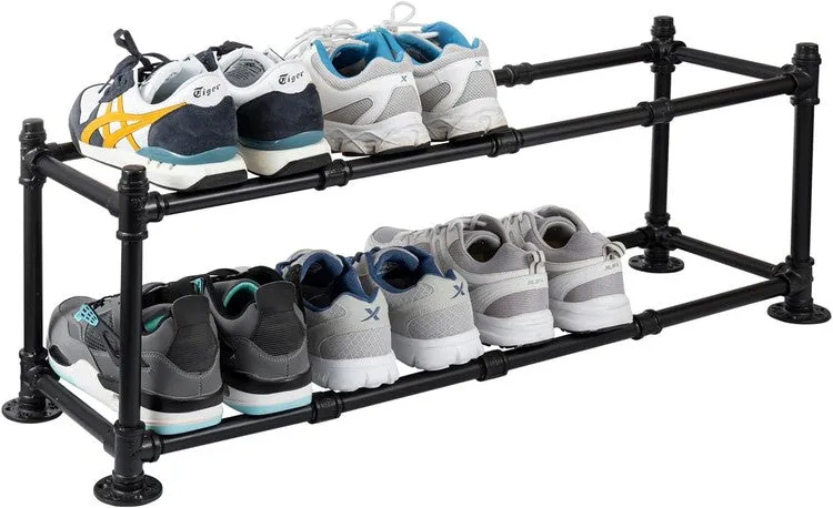 Tiered Matte Black Metal Pipe Freestanding Expanding Shoe Rack, Customizable Footwear Storage Organizer, Holds 8 Pairs