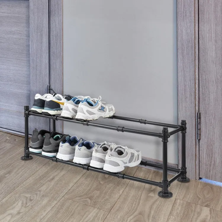 Tiered Matte Black Metal Pipe Freestanding Expanding Shoe Rack, Customizable Footwear Storage Organizer, Holds 8 Pairs