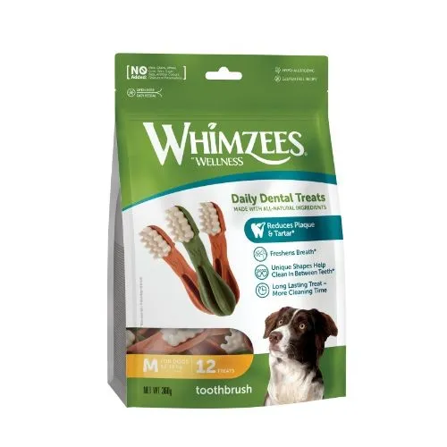 Whimzees Toothbrush Dental Dog Chew Treat Pack 114mm Medium 12 Pack